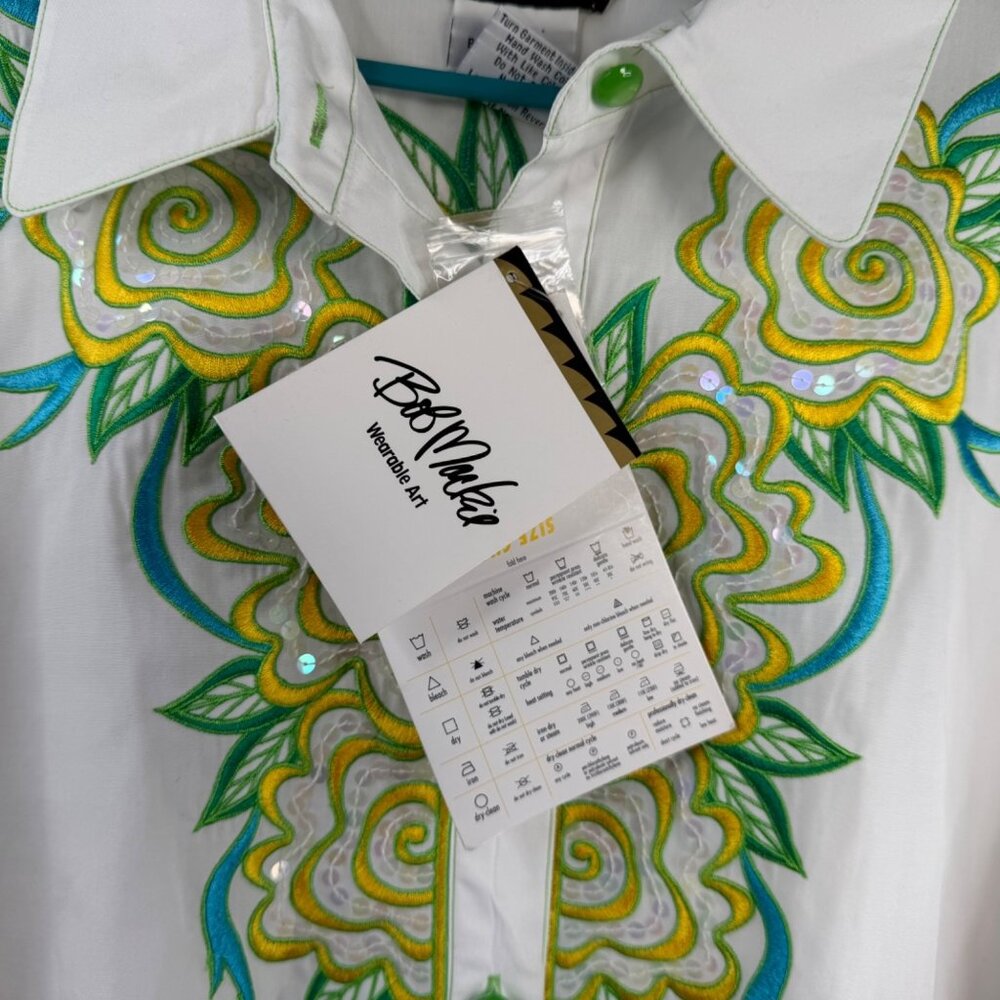 NWT Bob Mackie Wearable Art Top White Sz 1X Button Up Flower Embroidered Sequins - Picture 3 of 16